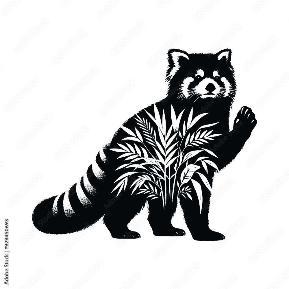 silhouette of red panda filled with tropical plant in the jungle in rough drawing, silhouette of red panda filled with tropical plant in the jungle in rough drawing,