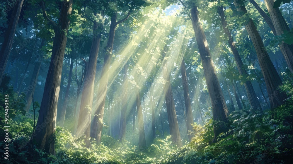 Naklejka premium Anime ancient forest with towering trees, beams of sunlight filtering through the dense canopy