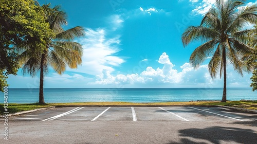 Fototapeta Naklejka Na Ścianę i Meble -  Parking near the sea with beautiful sky and coconut tree on the side