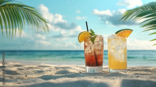 Tropical beach refreshment with two summer cocktails