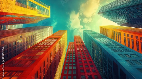 retrofuturistic cityscape comic bookinspired urban skyline bold color blocks exaggerated perspectives dynamic energy lines blend of vintage and scifi elements photo