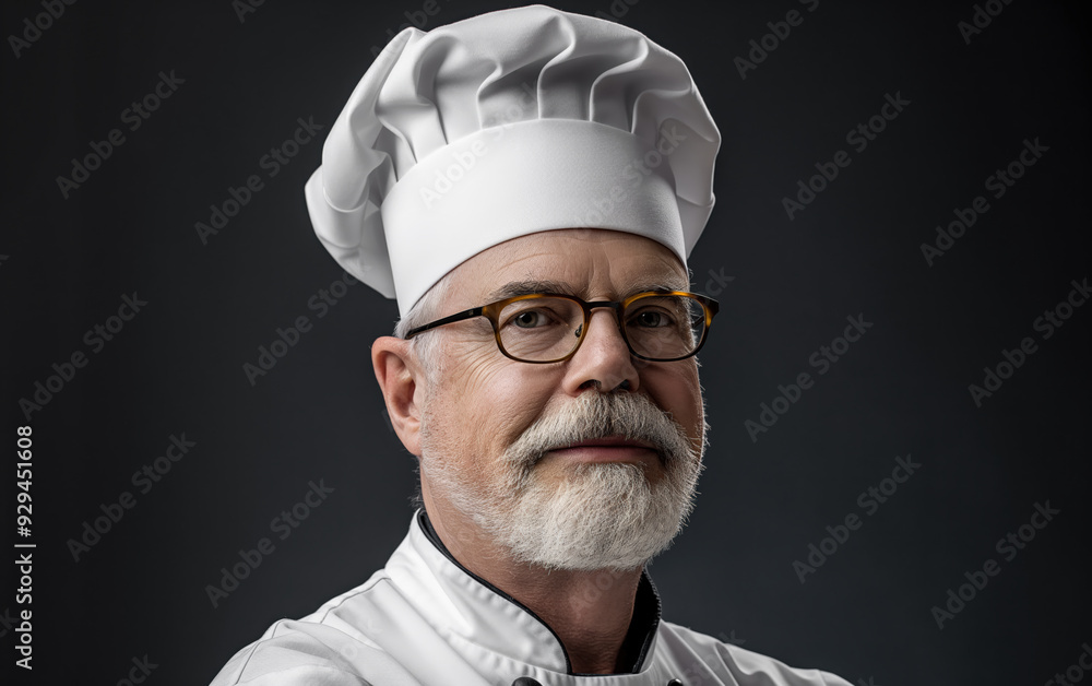 Professional Chef. Portrait male chef with cook hat, white uniform. Portrait of an old Italian or French chef, standing in the kitchen, restaurant, cooking class, cooking school. Realistic style photo Professional Chef. Portrait male chef with cook hat, white uniform. Portrait of an old Italian or French chef, standing in the kitchen, restaurant, cooking class, cooking school. Realistic style photo