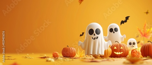 llustration of a halloween ghost and pumpkin face with scary smile on a solid background. Scary carved halloween decoration. photo