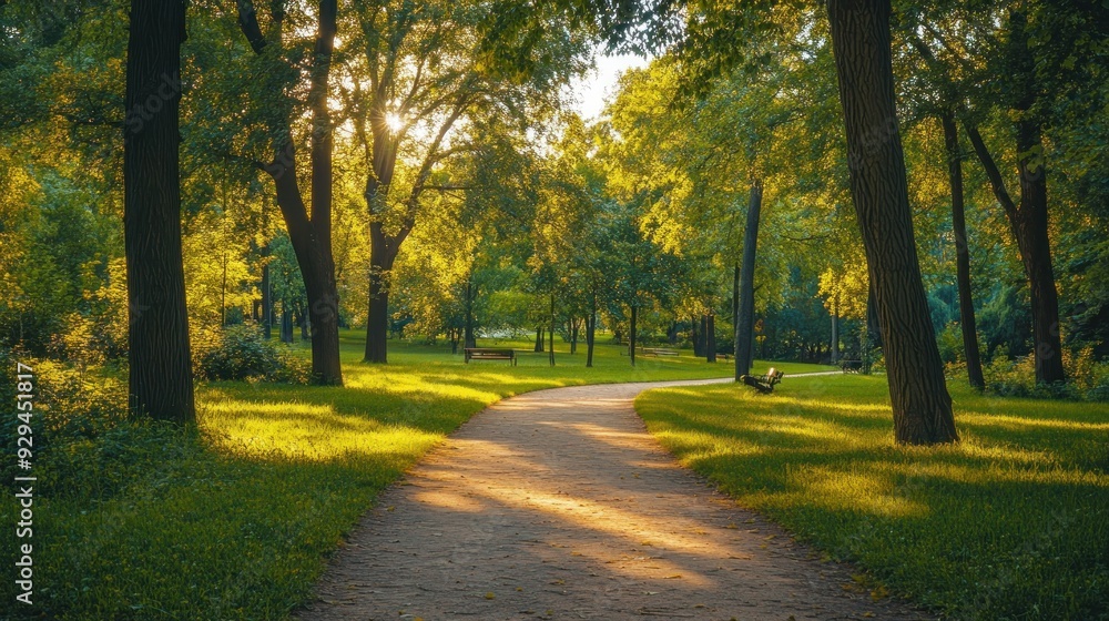Naklejka premium Sunlit Path Through a Tranquil Forest