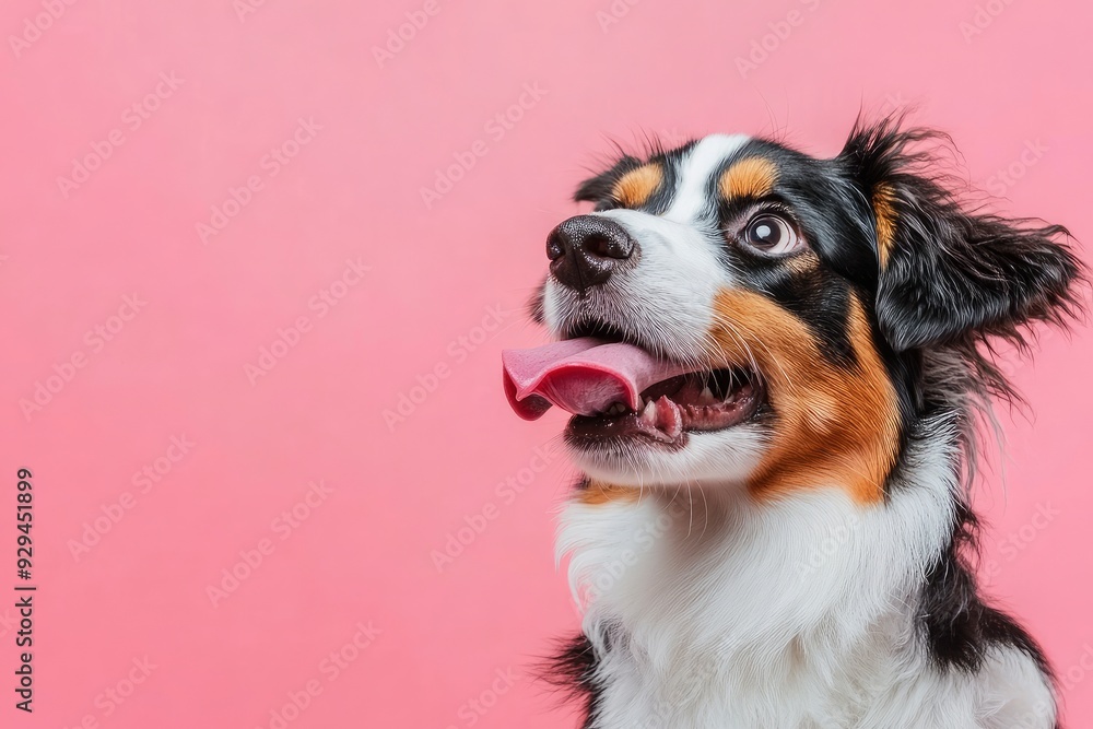Funny and hungry Australian shepherd puppy dog eating and licking its lips with tongue. Isolated on color pastel background on summer or spring season , ai Funny and hungry Australian shepherd puppy dog eating and licking its lips with tongue. Isolated on color pastel background on summer or spring season , ai