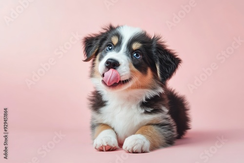 Funny and hungry Australian shepherd puppy dog eating and licking its lips with tongue. Isolated on color pastel background on summer or spring season , ai