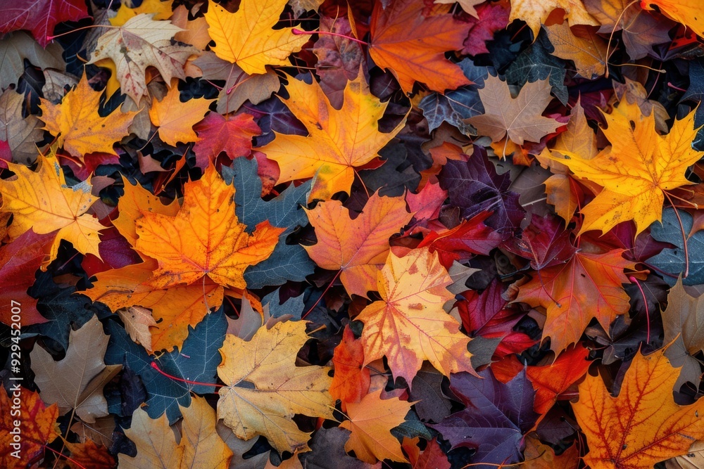 A pile of fallen leaves scattered across the ground, creating a natural carpet A pile of fallen leaves scattered across the ground, creating a natural carpet