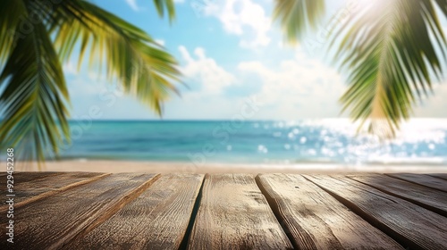 Top of wood table with seascape and palm tree, blur bokeh light of calm sea and sky at tropical beach background