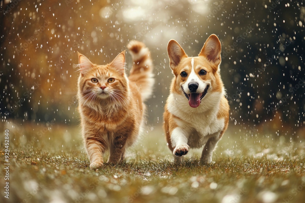 furry friends red cat and corgi dog walking in a summer meadow under the drops of warm rain , ai furry friends red cat and corgi dog walking in a summer meadow under the drops of warm rain , ai