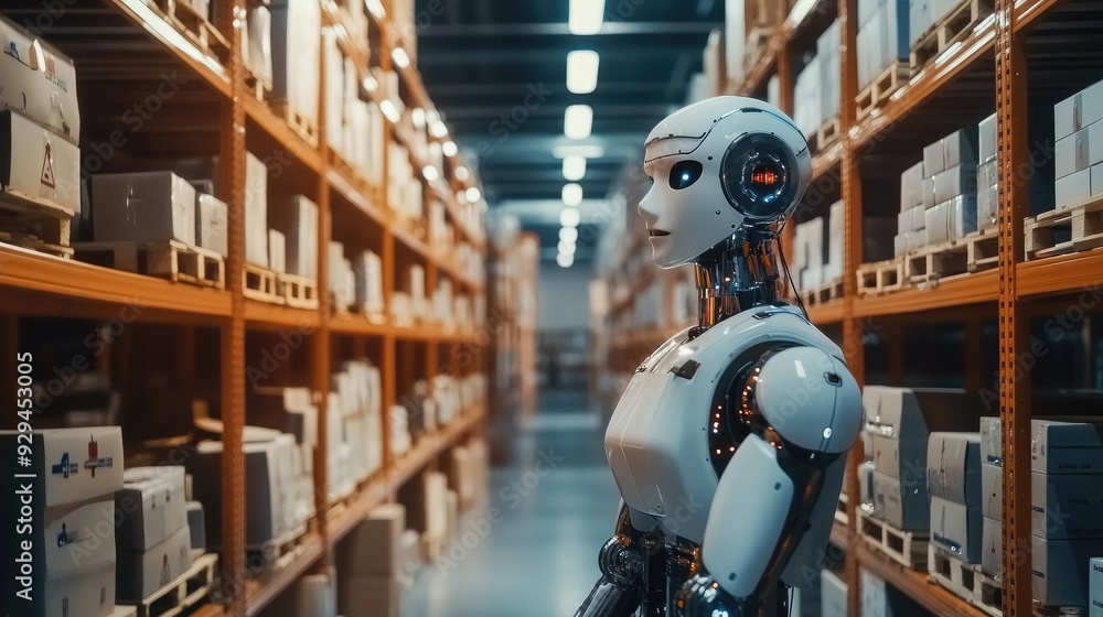 Anime robot worker handling logistics in a futuristic warehouse, moving packages efficiently Anime robot worker handling logistics in a futuristic warehouse, moving packages efficiently