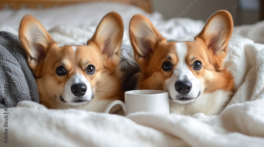 Two Adorable Corgis Relaxing in Bed Two Adorable Corgis Relaxing in Bed