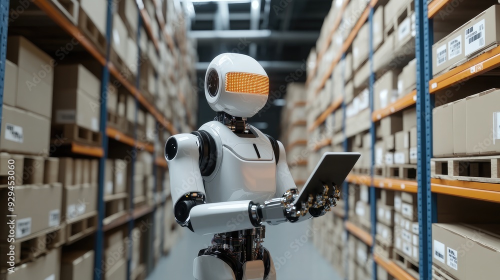 Anime robot worker managing inventory in an industrial warehouse, ensuring order and efficiency Anime robot worker managing inventory in an industrial warehouse, ensuring order and efficiency