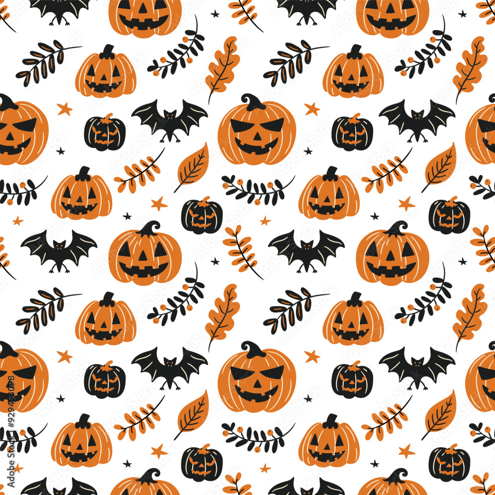 seamless background with cartoon halloween illustrations with pumpkins and bats in autumn composition, vector flat style seamless background with cartoon halloween illustrations with pumpkins and bats in autumn composition, vector flat style
