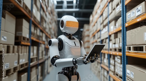 Anime robot worker managing inventory in an industrial warehouse, ensuring order and efficiency