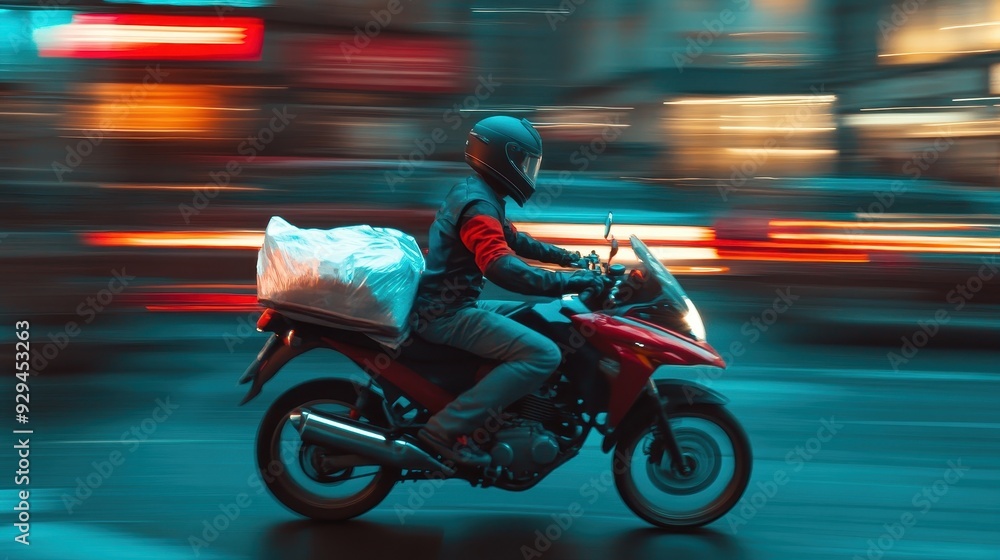 Obraz premium A delivery worker navigates through a bustling city street at night while carrying a package on a motorcycle