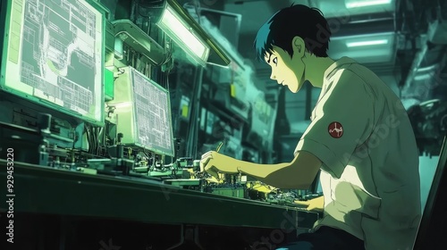 Anime worker assembling small parts on a high-speed production line, showing focus and expertise
