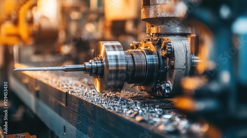 Close-up of a lathe machine shaping metal components in an industrial workshop