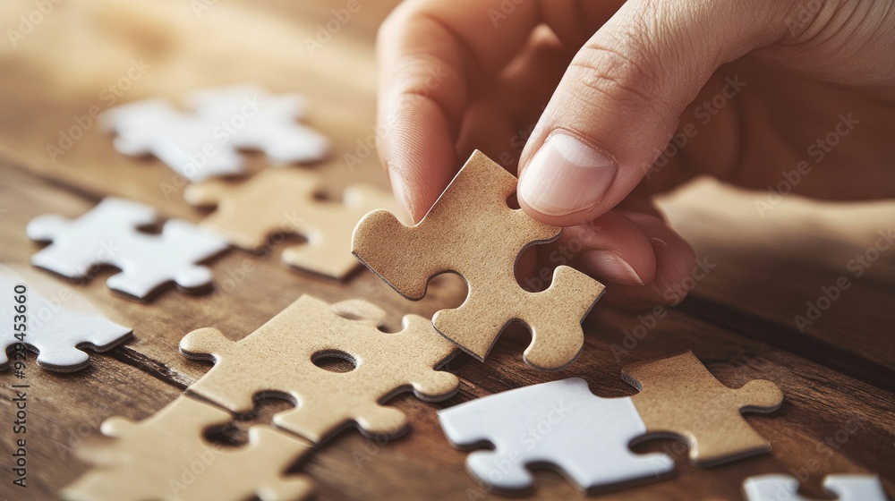 Close-up of hands assembling a jigsaw puzzle on a table, piecing together an intricate image Close-up of hands assembling a jigsaw puzzle on a table, piecing together an intricate image