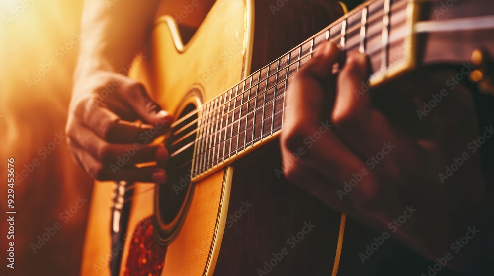 Close-up of hands playing an acoustic guitar, strumming chords in a warm, relaxed setting Close-up of hands playing an acoustic guitar, strumming chords in a warm, relaxed setting