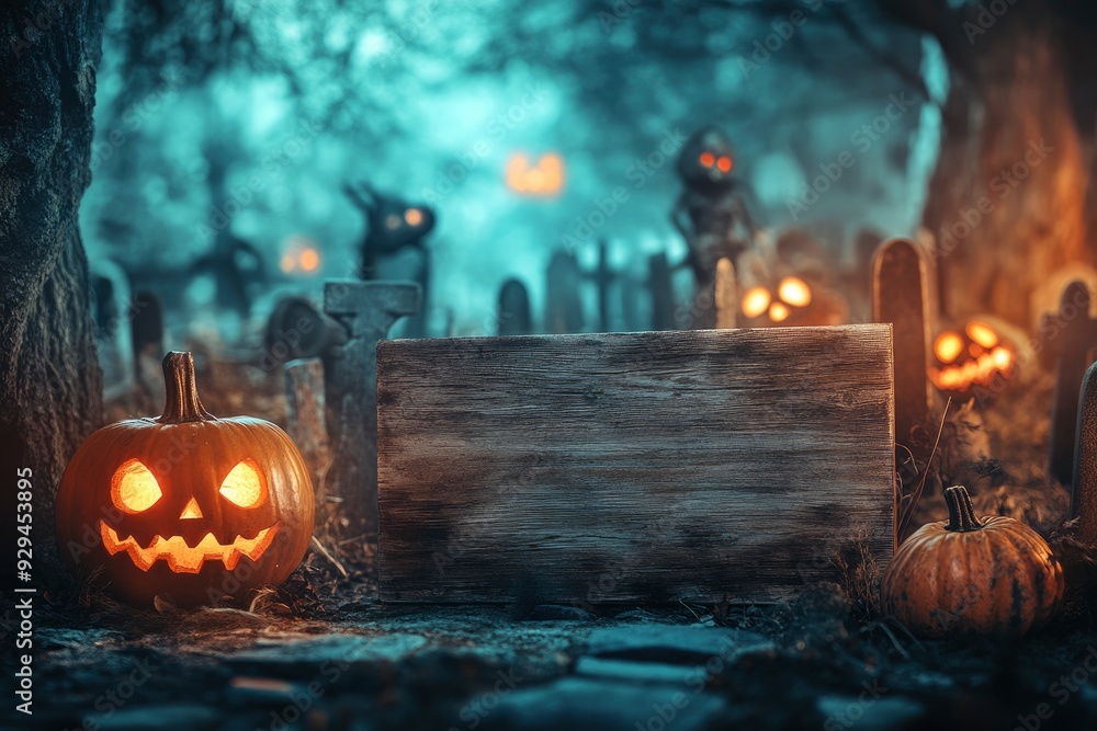 Fototapeta premium Halloween Card Party - Pumpkins And Zombies In Graveyard With Wooden Board , ai