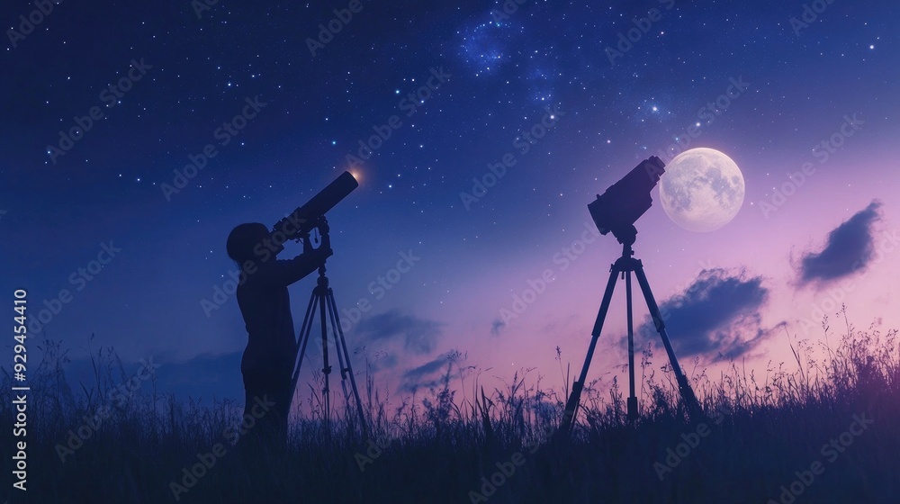 Person stargazing with a telescope at night, observing the stars and planets Person stargazing with a telescope at night, observing the stars and planets