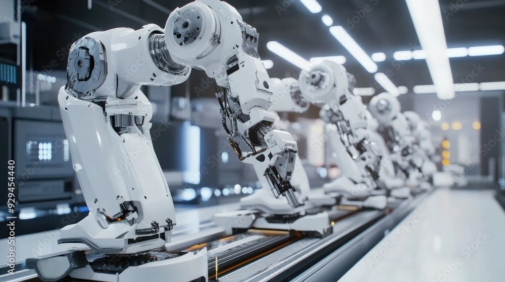 Fototapeta premium Robotic arms assembling products on a conveyor belt in a modern manufacturing plant