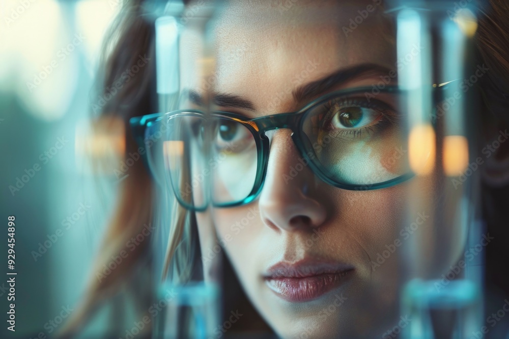 A scientist examines a microscopic sample using a glass tube and glasses, suitable for medical or scientific illustrations A scientist examines a microscopic sample using a glass tube and glasses, suitable for medical or scientific illustrations
