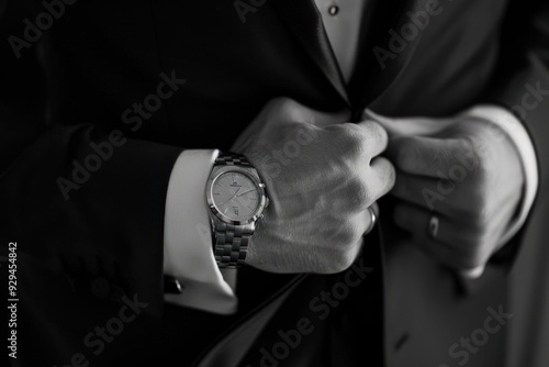 Close-up of the groom's hand, wearing an elegant silver watch