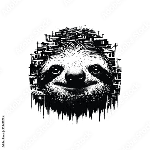 silhouette of Sloth, filled with ghetto street in rough drawing,