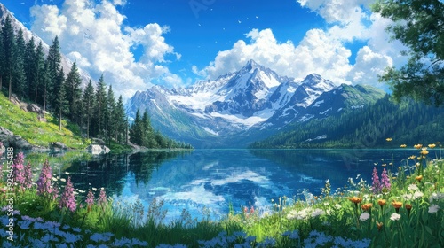 Anime mountain lake reflecting the clear blue sky, surrounded by tall evergreens and wildflowers photo