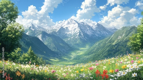 Anime mountains with snow-capped peaks, towering over a lush green valley filled with wildflowers