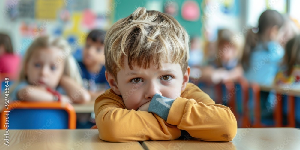 A child feeling isolated in a busy classroom, with a look of confusion A child feeling isolated in a busy classroom, with a look of confusion