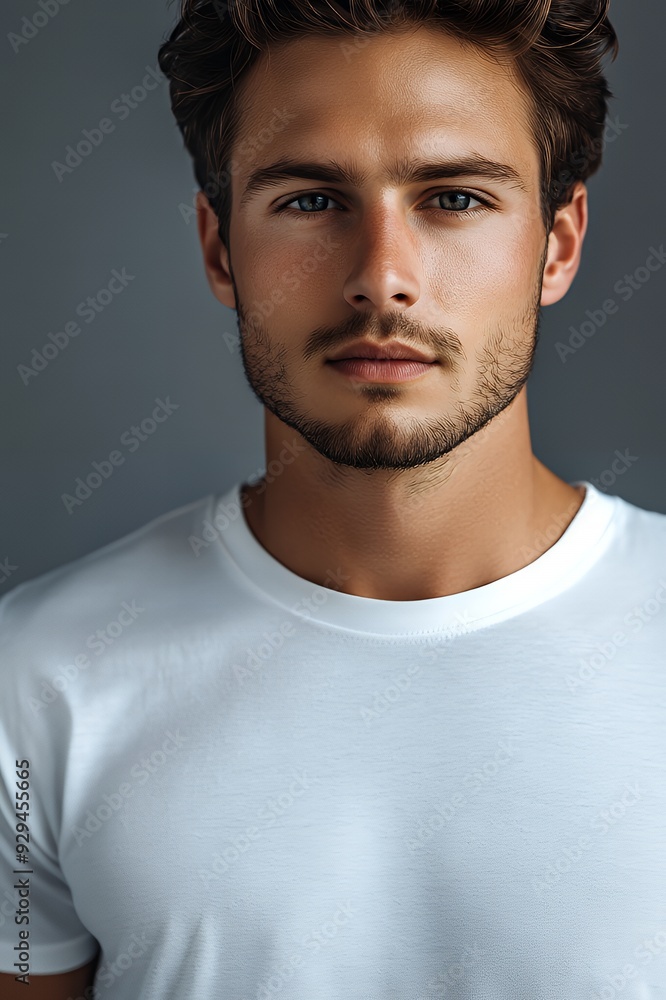 A portrait of a young man with a neutral expression, wearing a plain white t-shirt. A portrait of a young man with a neutral expression, wearing a plain white t-shirt.