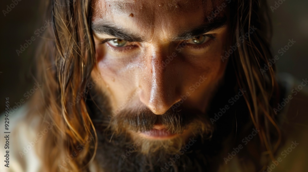 A close-up portrait of a man with long hair and beard A close-up portrait of a man with long hair and beard