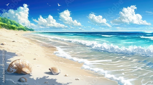 Anime serene beach with soft white sand, gentle waves lapping the shore, and seashells scattered along the waterline photo