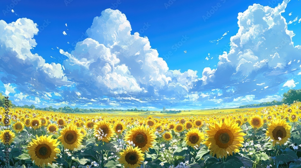 Obraz premium Anime sunflower field stretching to the horizon, with a bright blue sky and fluffy white clouds overhead