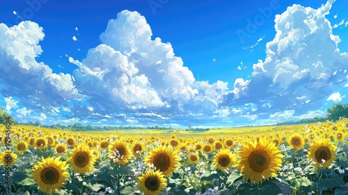 Anime sunflower field stretching to the horizon, with a bright blue sky and fluffy white clouds overhead