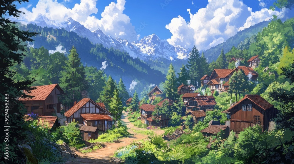 Anime village nestled in the mountains, with quaint houses and winding paths surrounded by pine trees Anime village nestled in the mountains, with quaint houses and winding paths surrounded by pine trees