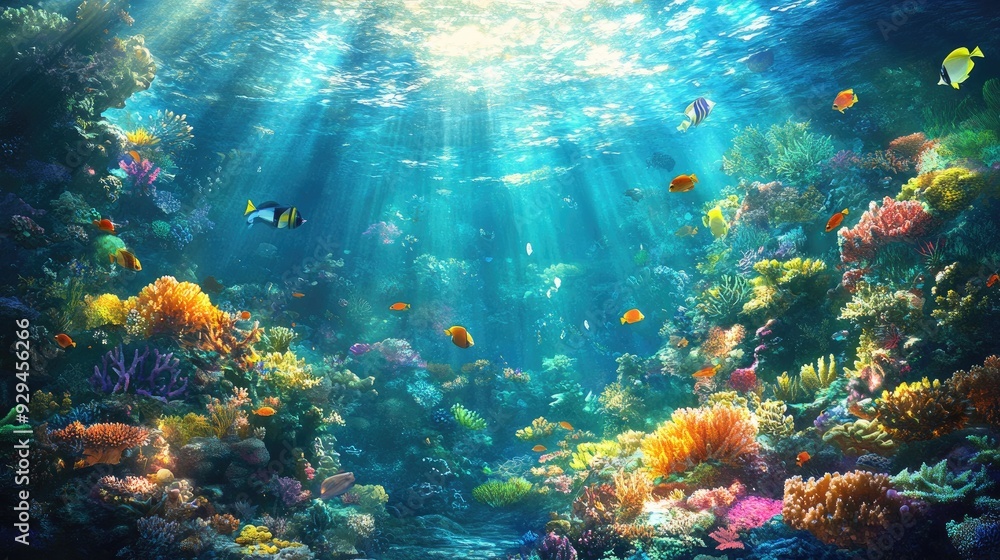 custom made wallpaper toronto digitalAnime vibrant coral reef under the sea, teeming with colorful fish and marine life, with sunlight filtering through the water