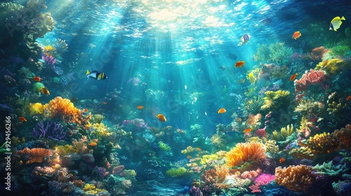 Wallpaper Mural Anime vibrant coral reef under the sea, teeming with colorful fish and marine life, with sunlight filtering through the water Torontodigital.ca