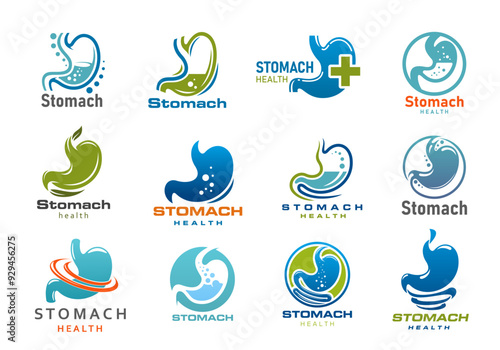 Stomach medical icons. Digestion health care, digestive tract or gastrointestinal system organ vector symbols of gastroenterology medicine. Stomach and gut silhouettes with intestinal gas bubbles