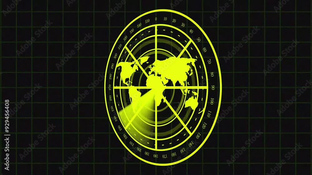 3D Radar Screen yellow color Animation. Technology world map radar ...