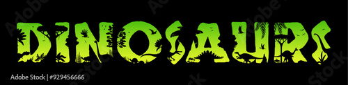 Dinosaurs in jungle rainforest sunset silhouette of prehistoric lizards, vector Jurassic park background. Dinosaurs with forest trees in cut letters silhouette, prehistoric lizard reptiles and birds