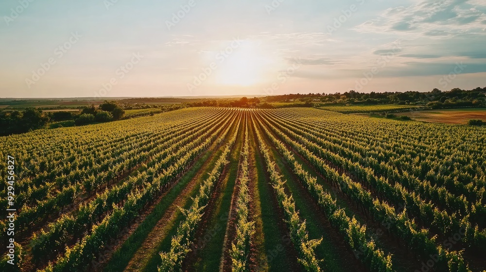 Aerial view of a sprawling vineyard, with rows of grapevines stretching out to the horizon under a bright sky Aerial view of a sprawling vineyard, with rows of grapevines stretching out to the horizon under a bright sky