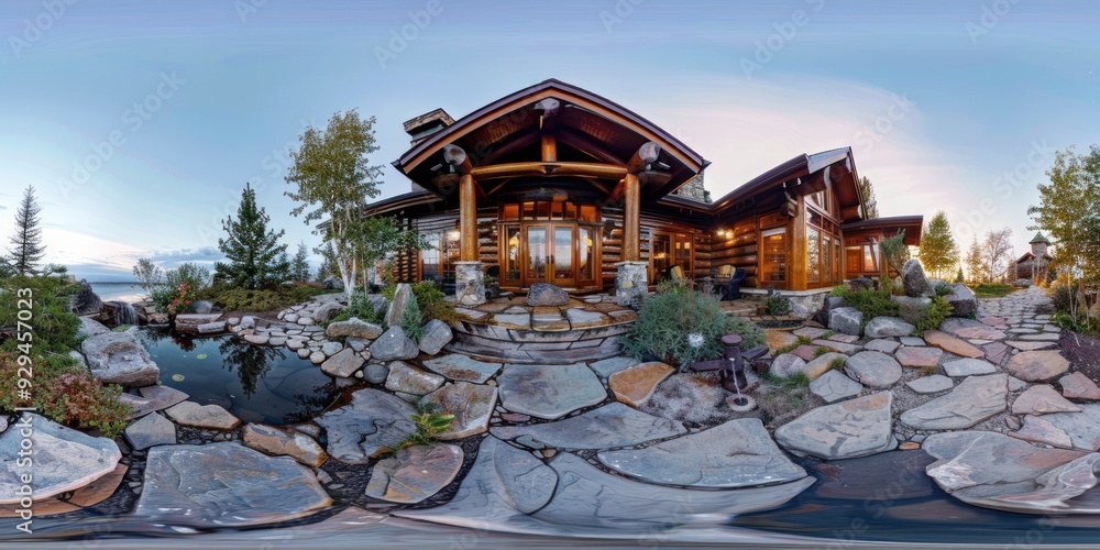 Obraz premium Log Cabin with Patio and Pond