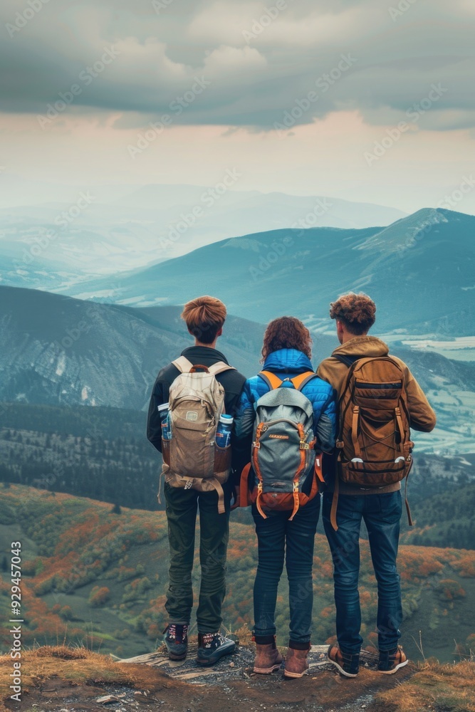Group of people at the summit of a mountain, possibly hikers or climbers, enjoying the view Group of people at the summit of a mountain, possibly hikers or climbers, enjoying the view