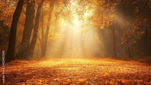 Autumn forest with a carpet of golden leaves and sunlight filtering through the trees, creating a warm glow