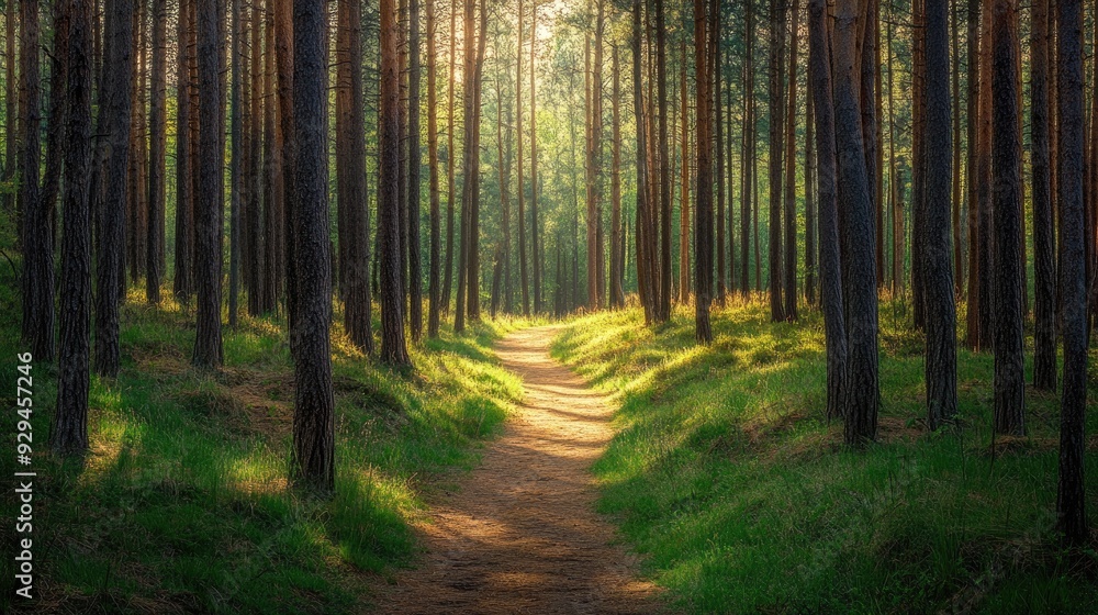 Naklejka premium Dense pine forest with a narrow path winding through the trees, leading to a hidden clearing