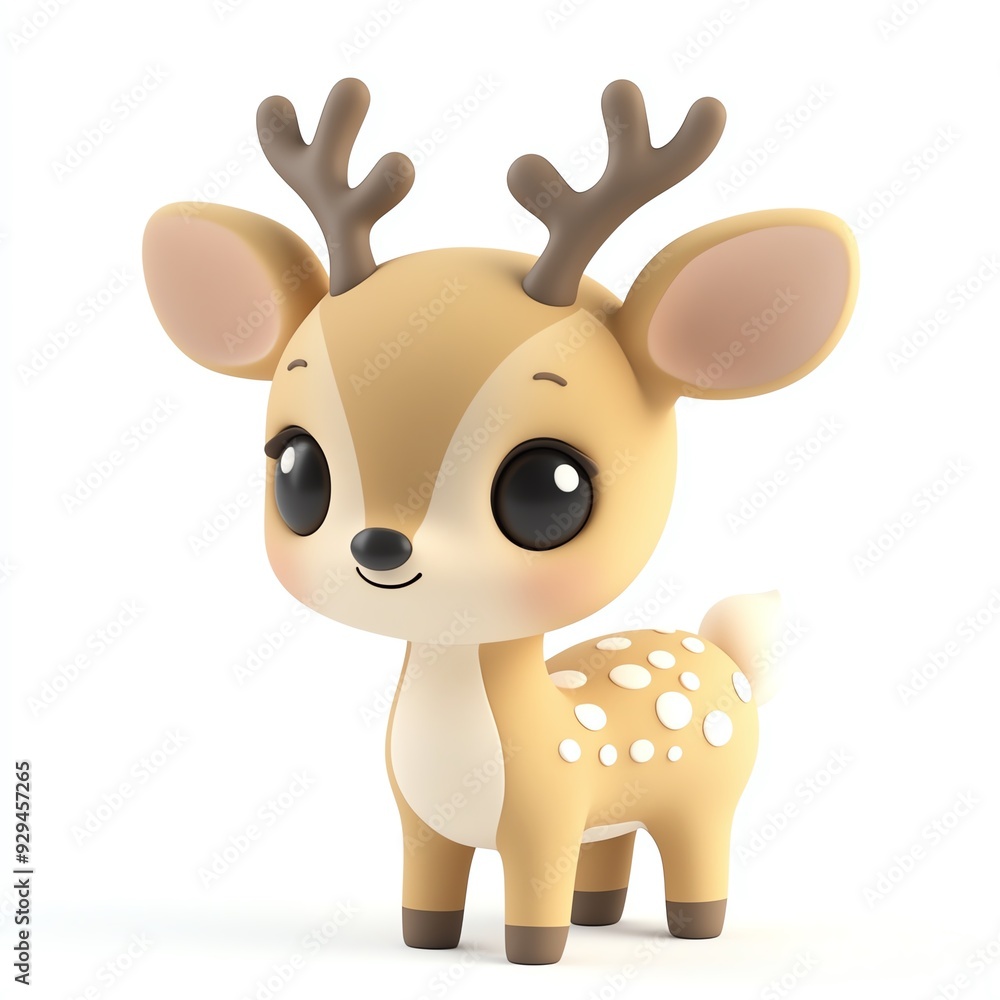 Obraz premium Cute cartoon deer with big eyes and antlers, perfect for children's designs and whimsical themes.