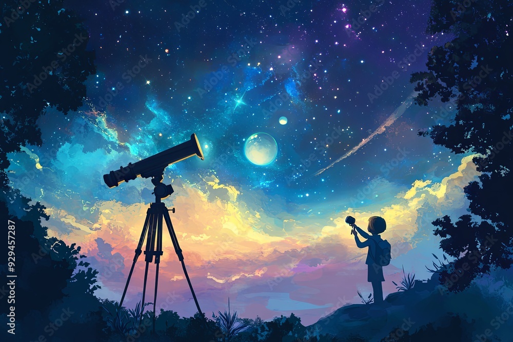 A child observes stars and planets through a telescope on a clear evening. Generative AI A child observes stars and planets through a telescope on a clear evening. Generative AI